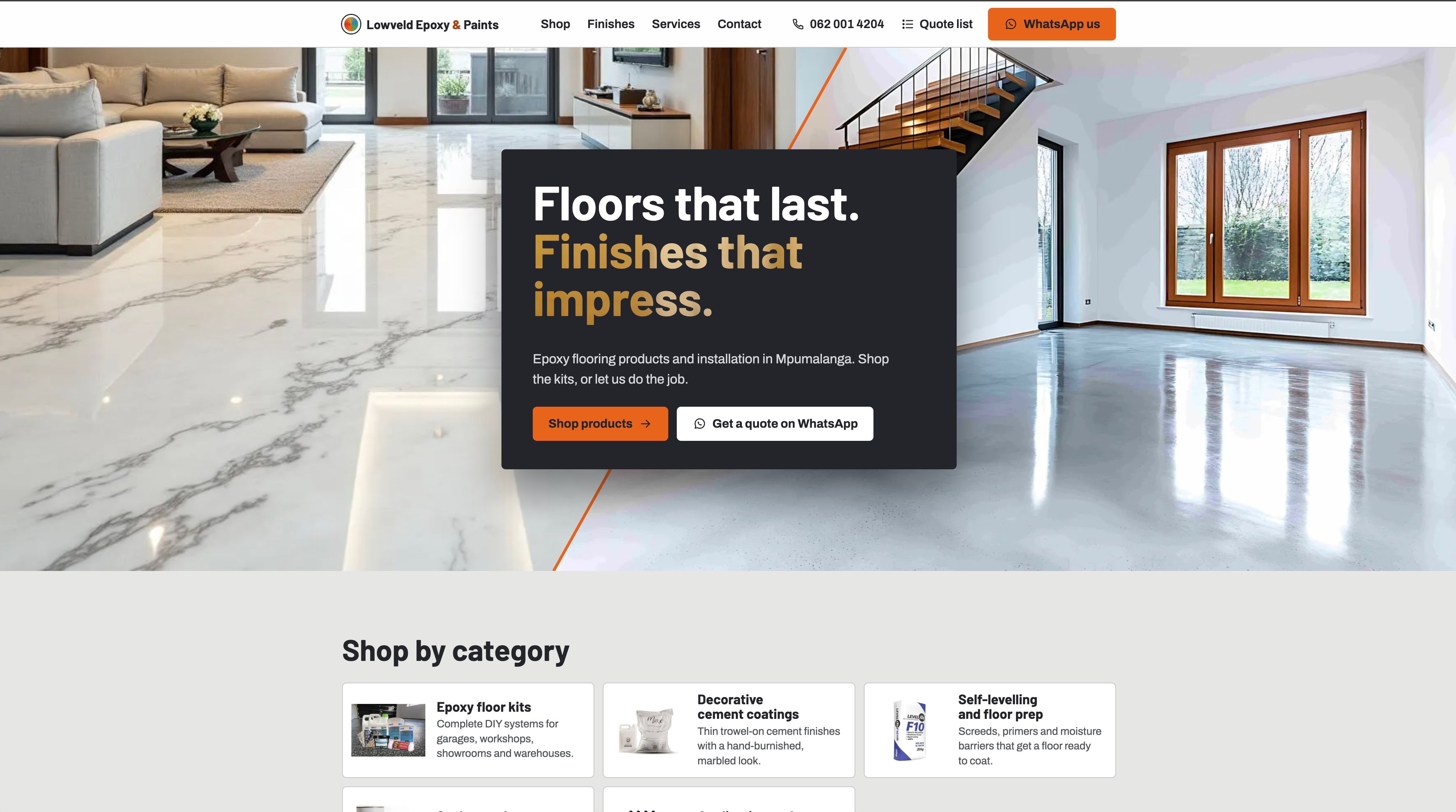 Lowveld Epoxy & Paints home page with a marble epoxy floor and the headline Floors that last. Finishes that impress.